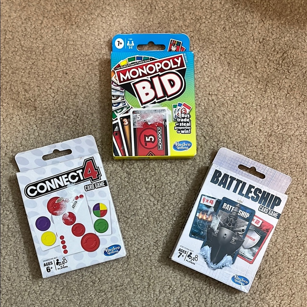GAME NIGHT Hasbro Card Game Trio - Monopoly Bid, Connect 4, Battleship